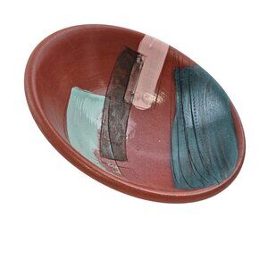 Studio Art Pottery Bowl Signed Abstract Design Red Clay Stoneware MCM Boho